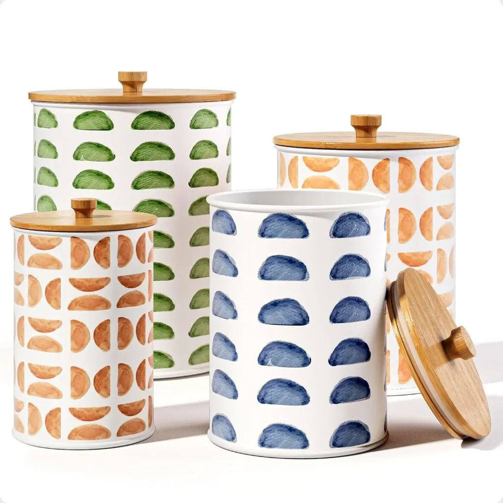 Kitchen Canisters for Countertop Set of 4 - Patterned Iron Kitchen Canisters with Airtight Lids - Flour Sugar Canister Set - Flour and Sugar Containers Farmhouse - Coffee Jar for Counter - White Jar
