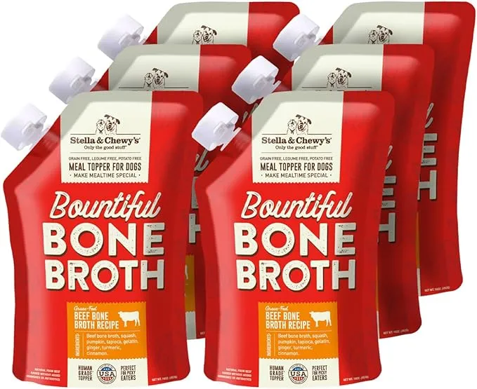 Stella & Chewy's Human-Grade Grass-Fed Beef Bone Broth for Dogs - Joint & Gut Health Liquid Food Topper with Collagen & Turmeric, 16 Fl Oz Resealable Pouch (Pack of 6)