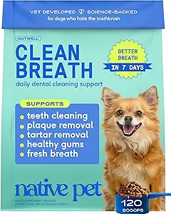Native Pet GutWell Clean Breath - Dog Breath Freshener & Dog Teeth Cleaning Powder Cold-Pressed to Reduce Plaque, Tartar & Promote Oral Health with Triple-Biotic Blend, Brown Algae & Zinc -120 Scoops